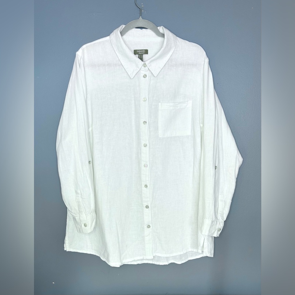 Denim & Co Naturals Shirt Womens L White Linen Blend Soft Button Up Coastal Top